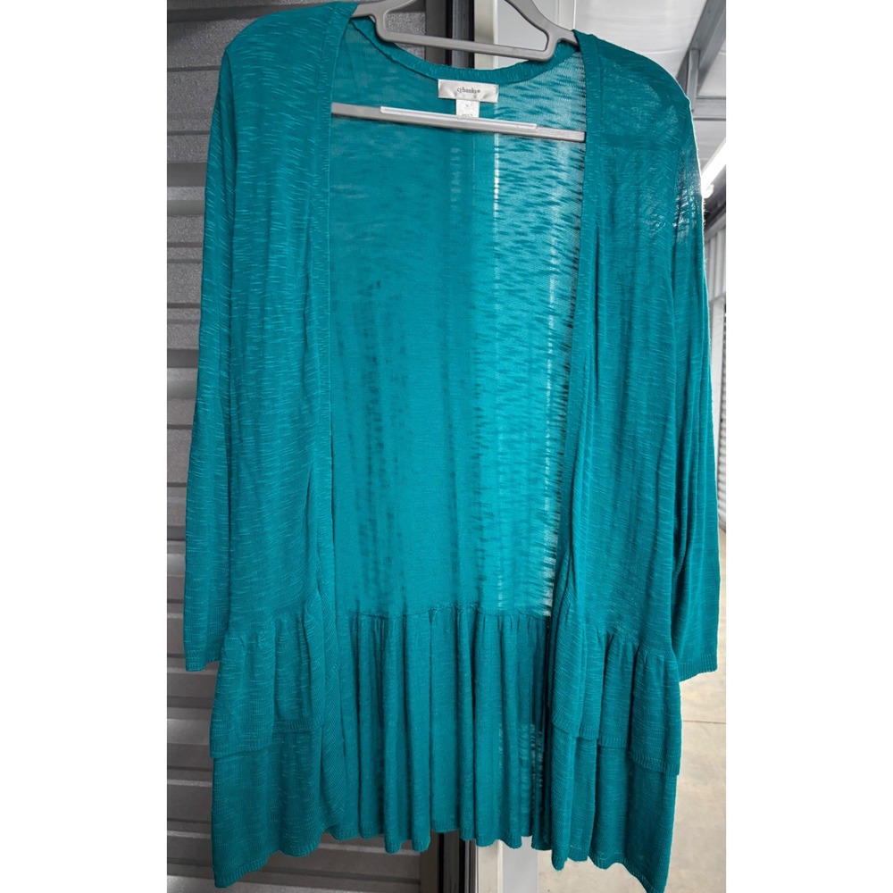 CJ Banks Womens Teal Blue Ruffle Hem Open Front Cardigan Sweater Size X